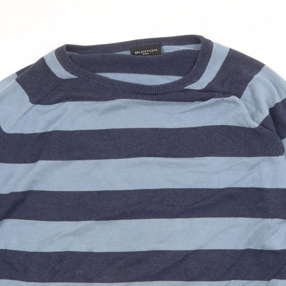 Burton Mens Blue Round Neck Striped Cotton Pullover Jumper Size 2XL Long Sleeve