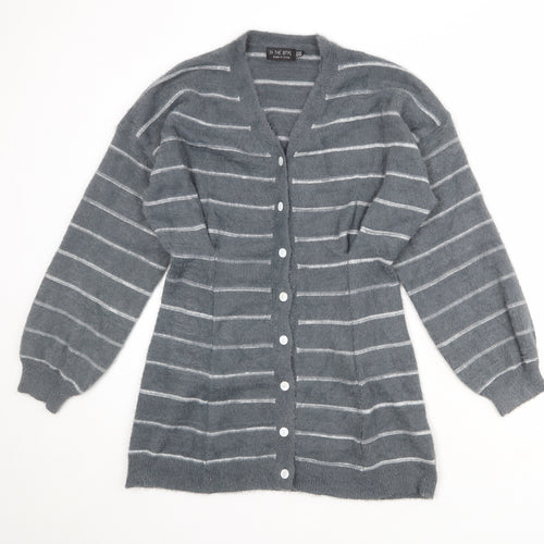 In the Style Womens Grey V-Neck Striped Polyamide Cardigan Jumper Size 10
