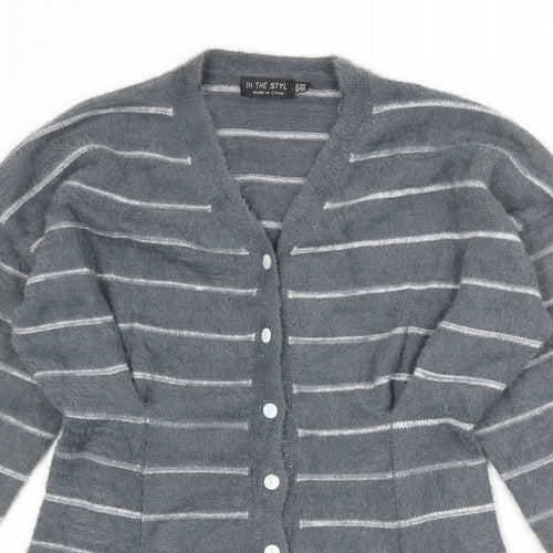 In the Style Womens Grey V-Neck Striped Polyamide Cardigan Jumper Size 10