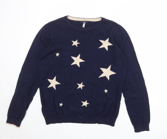 Joules Womens Blue Round Neck Cotton Pullover Jumper Size 12 Pullover - Star Print, Logo