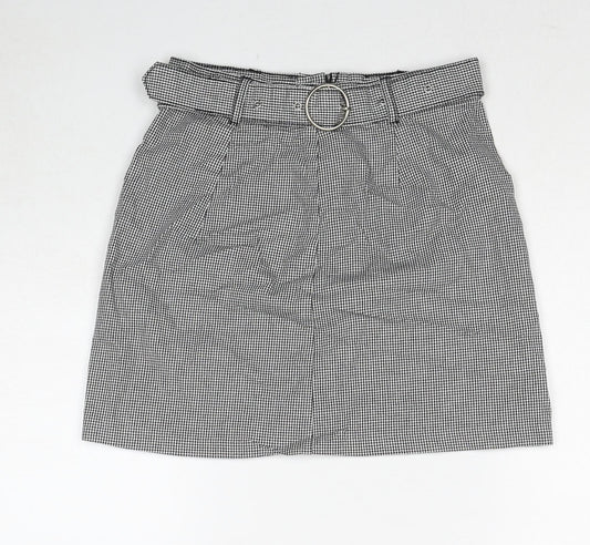 H&M Womens Grey Geometric Cotton A-Line Skirt Size 8 Zip - Houndstooth Pattern Belted