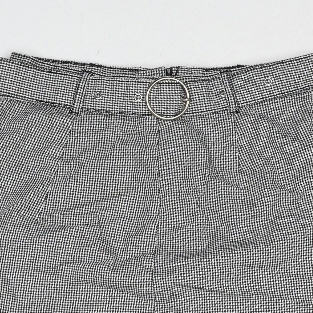 H&M Womens Grey Geometric Cotton A-Line Skirt Size 8 Zip - Houndstooth Pattern Belted