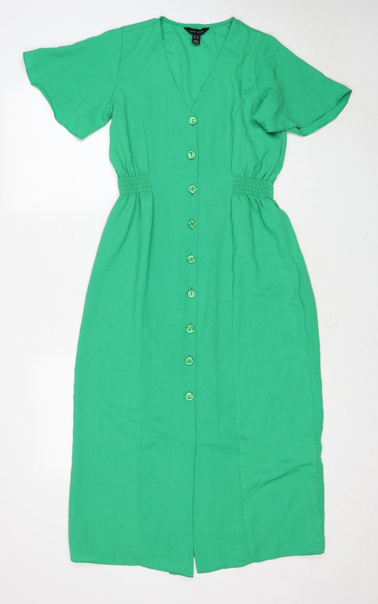 New Look Womens Green Polyester A-Line Size 6 V-Neck Button