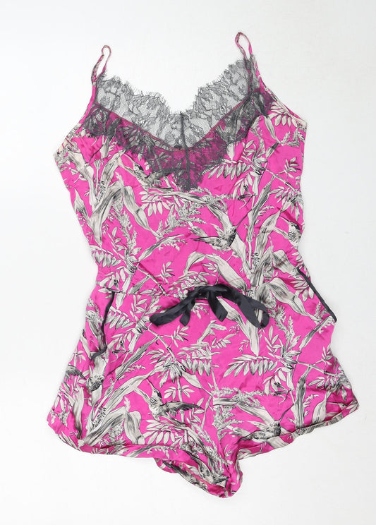 John Lewis Womens Pink Geometric Silk Playsuit One-Piece Size M Button - Leaf Print Lace Neckline