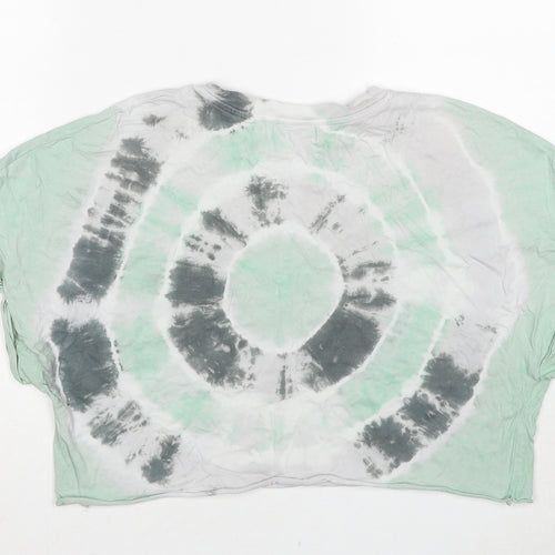 Bershka Womens Green Geometric Cotton Cropped T-Shirt Size M Round Neck