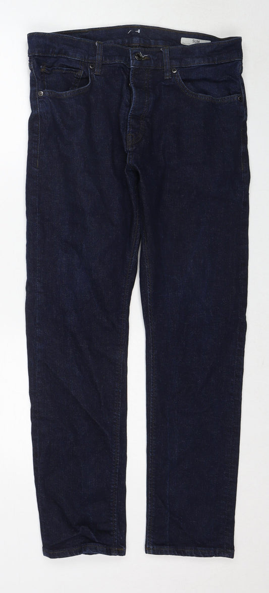 Marks and Spencer Womens Blue Cotton Straight Jeans Size 34 in L31 in Slim Zip
