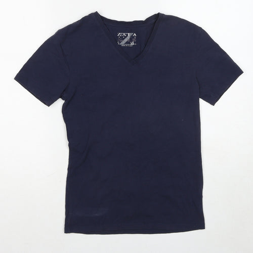 Zara Mens Blue Cotton T-Shirt Size S V-Neck