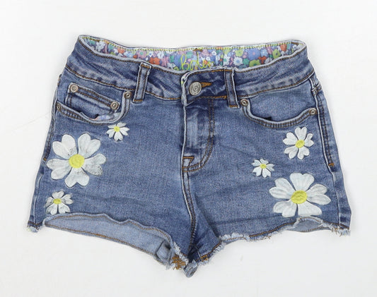 Boden Girls Blue Cotton Cut-Off Shorts Size 9 Years Regular Zip - Flower Detail
