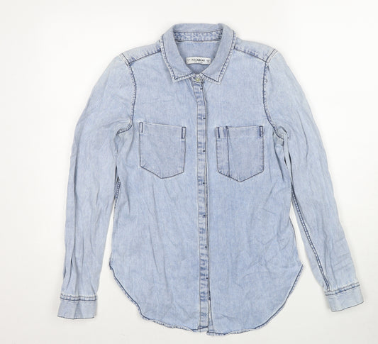 Pull&Bear Womens Blue Cotton Basic Button-Up Size S Collared