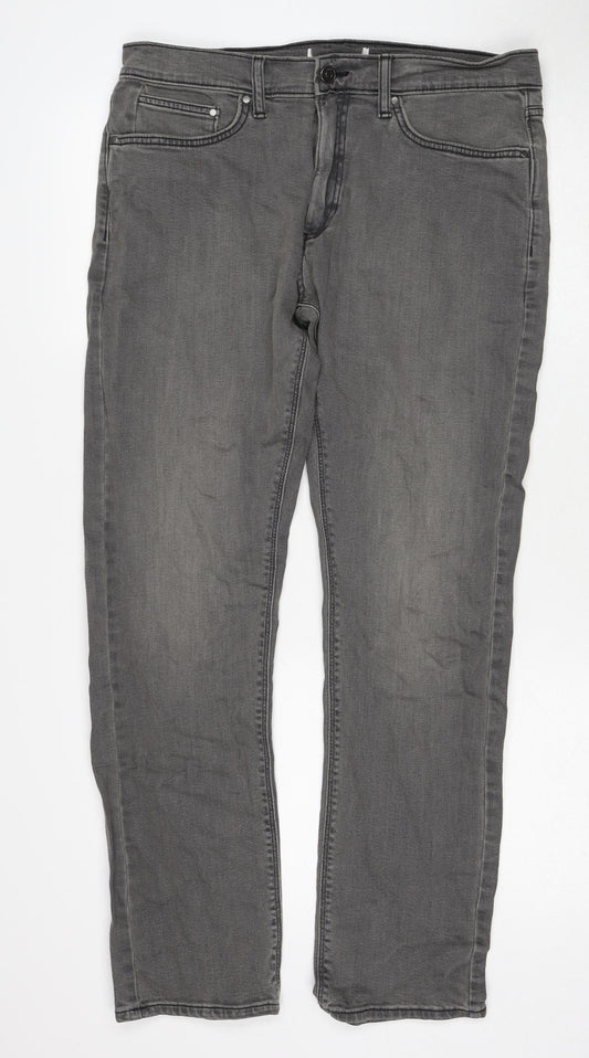 Marks and Spencer Mens Grey Cotton Straight Jeans Size 32 in L31 in Regular Zip