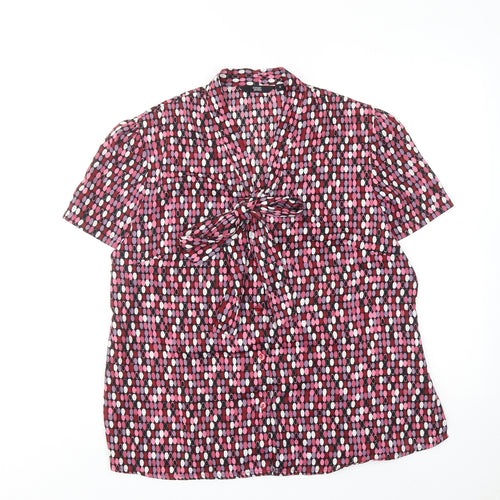 Simon Jersey Womens Pink Geometric Polyester Basic Blouse Size 18 V-Neck - Tie Neck Detail
