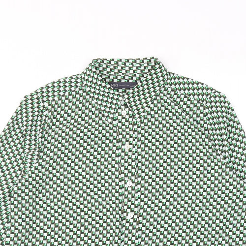 Marks and Spencer Womens Green Geometric Polyester Basic Button-Up Size 14 Collared