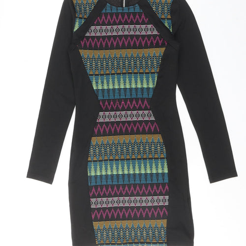 H&M Womens Multicoloured Geometric Polyester Shift Size 8 Round Neck Zip