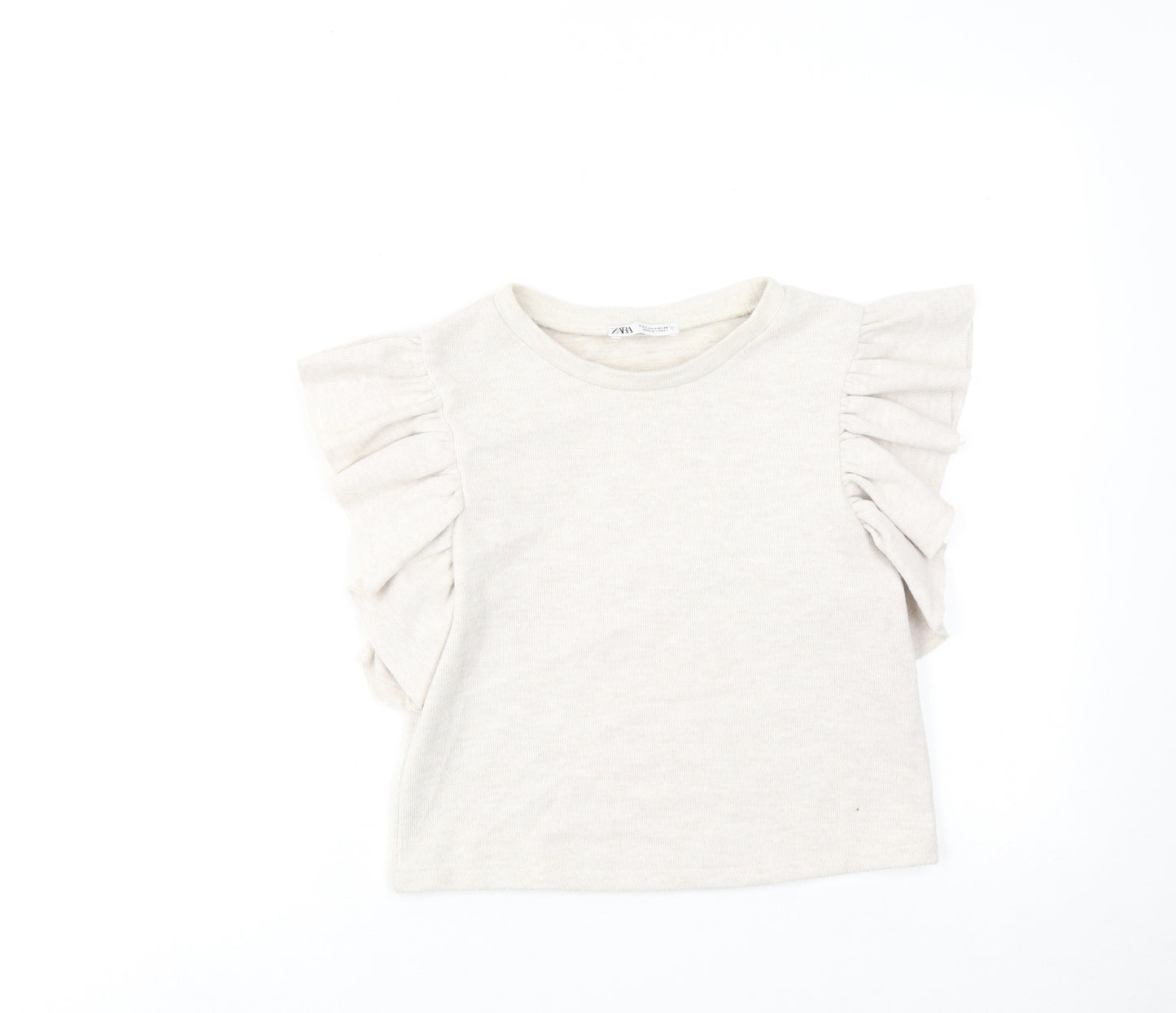 Zara Womens Ivory Polyester Cropped T-Shirt Size S Round Neck - Ribbed