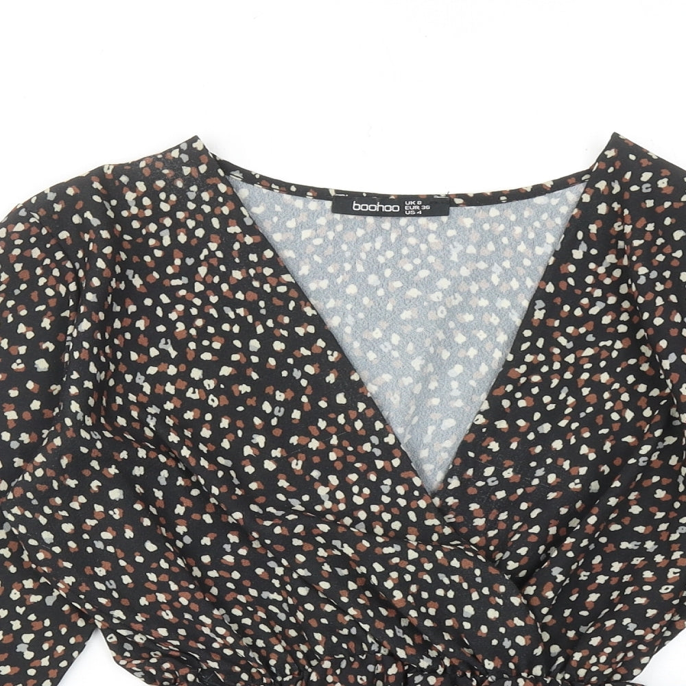 Boohoo Womens Black Geometric Polyester Basic Blouse Size 8 V-Neck - Wrap Front Detail