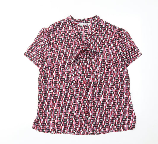 Simon Jersey Womens Pink Geometric Polyester Basic Blouse Size 16 V-Neck - Tie Neck Detail