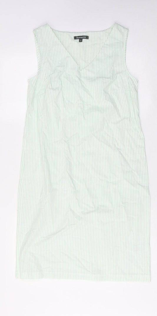 Bonmarché Womens Green Striped Cotton Tank Dress Size 10 V-Neck Pullover
