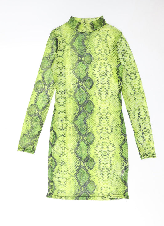 I SAW IT FIRST Womens Green Animal Print Polyester Bodycon Size 8 Mock Neck Pullover - Snakeskin Pattern