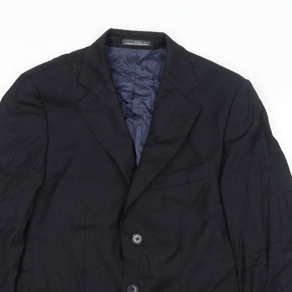 Zara Mens Black Striped Wool Jacket Suit Jacket Size S Regular - Shoulder Pads