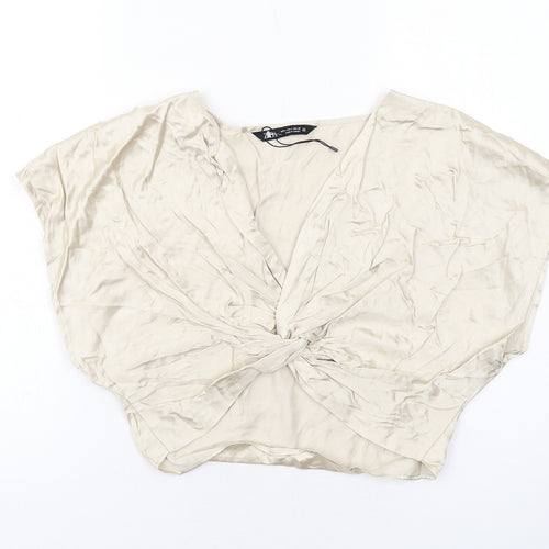 Zara Womens Ivory Viscose Basic Blouse Size L V-Neck - Twist Detail