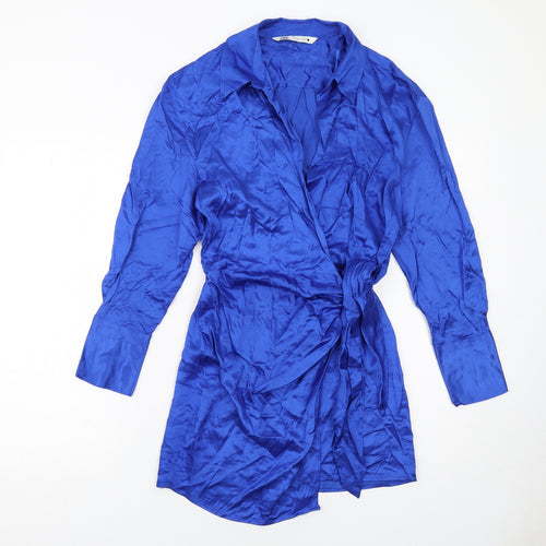 Zara Womens Blue Viscose Wrap Dress Size S Collared Tie