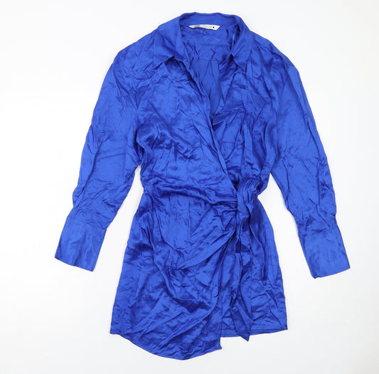 Zara Womens Blue Viscose Wrap Dress Size S Collared Tie