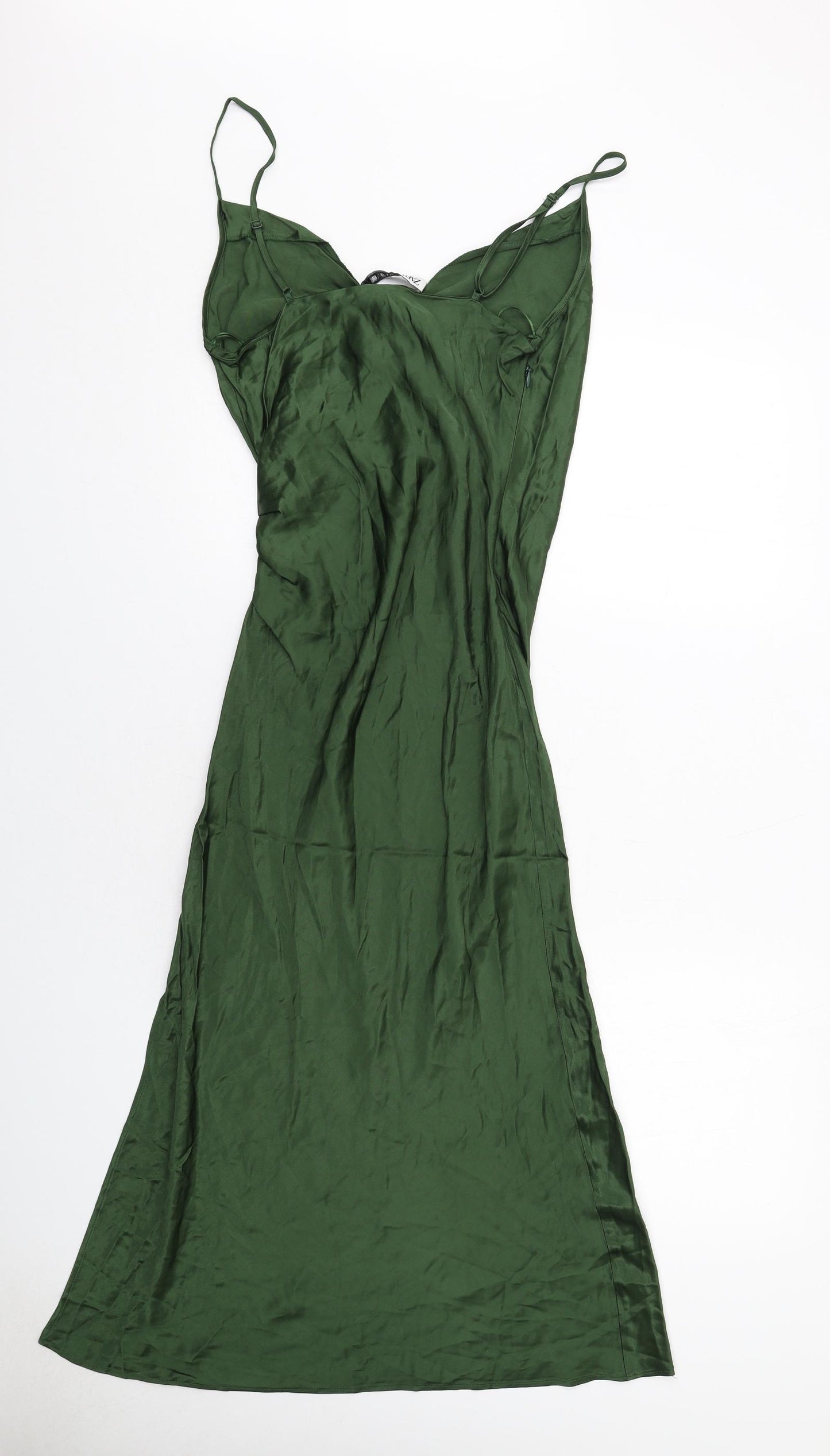 Zara Womens Green Viscose Slip Dress Size S V-Neck Zip