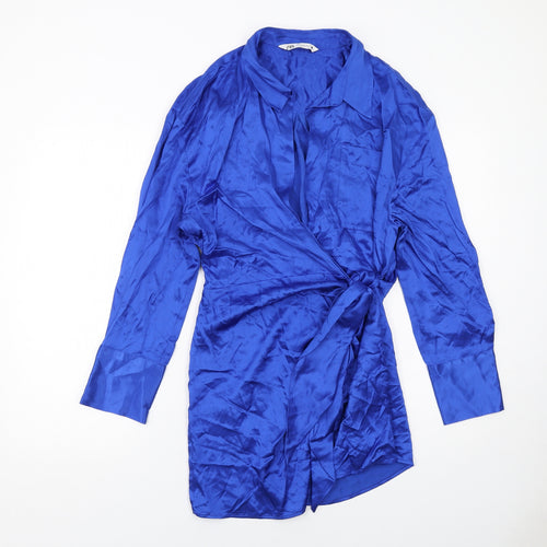 Zara Womens Blue Viscose Wrap Dress Size XL Collared Tie