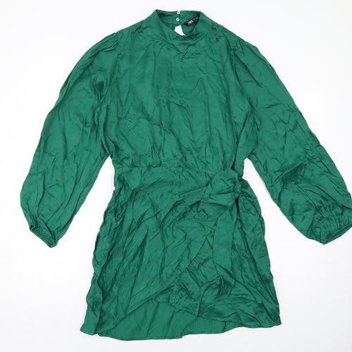 Zara Womens Green Viscose A-Line Size L Round Neck Button