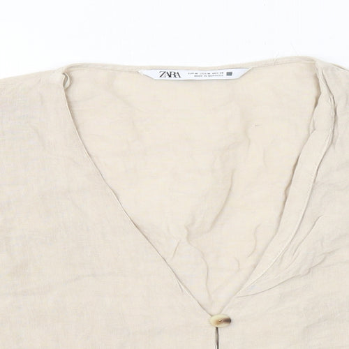 Zara Womens Beige Linen Cropped Button-Up Size M V-Neck