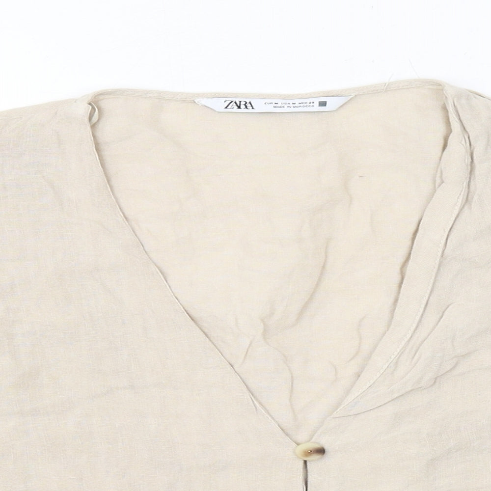 Zara Womens Beige Linen Cropped Button-Up Size M V-Neck