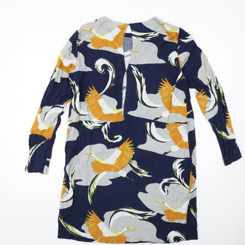 H&M Womens Blue Geometric Viscose Shift Size 12 Boat Neck Button - Bird Print