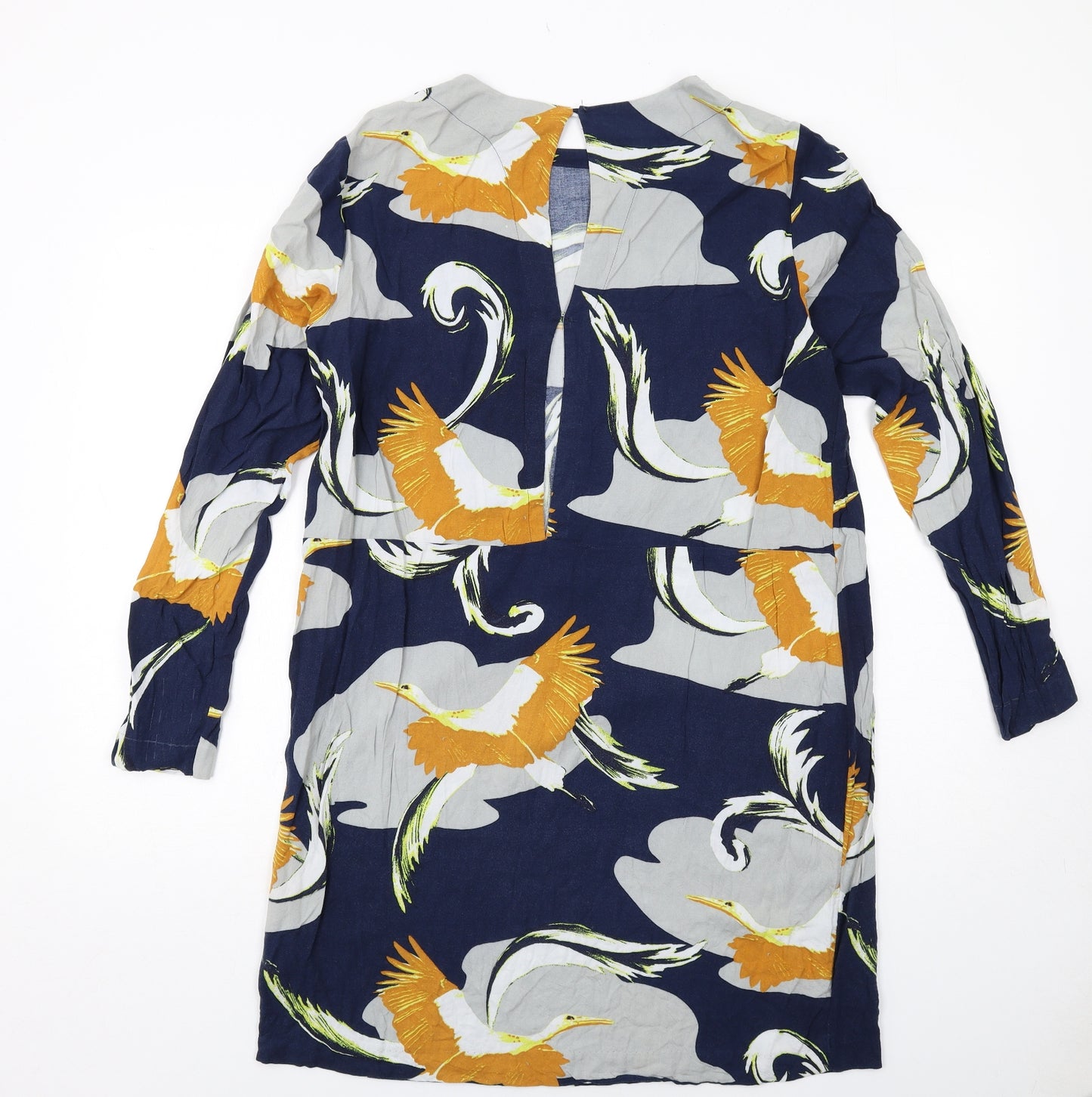 H&M Womens Blue Geometric Viscose Shift Size 12 Boat Neck Button - Bird Print