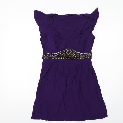 Dorothy Perkins Womens Purple Viscose Mini Size 8 V-Neck Zip - Embellished