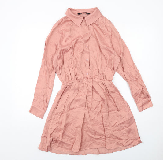 Zara Womens Pink Viscose Shirt Dress Size S Collared Button