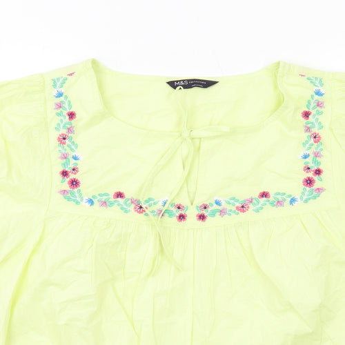 Marks and Spencer Womens Yellow Cotton Basic Blouse Size 14 Round Neck - Flower Detail