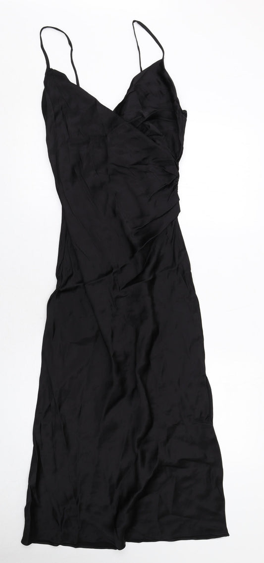 Zara Womens Black Viscose Slip Dress Size M V-Neck Zip