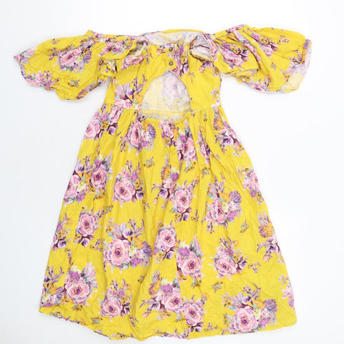 NEXT Girls Yellow Floral Cotton A-Line Size 11 Years Off the Shoulder Button - Cut Out Back Detail