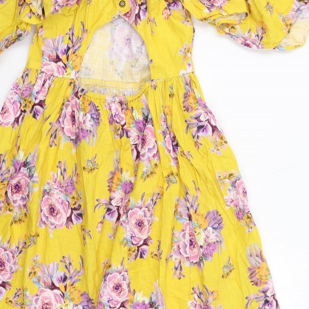NEXT Girls Yellow Floral Cotton A-Line Size 11 Years Off the Shoulder Button - Cut Out Back Detail