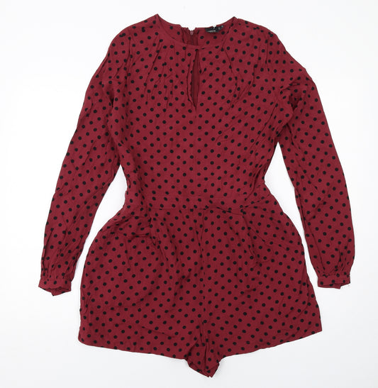 ASOS Womens Red Polka Dot Viscose Playsuit One-Piece Size 10 Zip