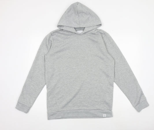 JACK & JONES Mens Grey Striped Polyester Pullover Hoodie Size M