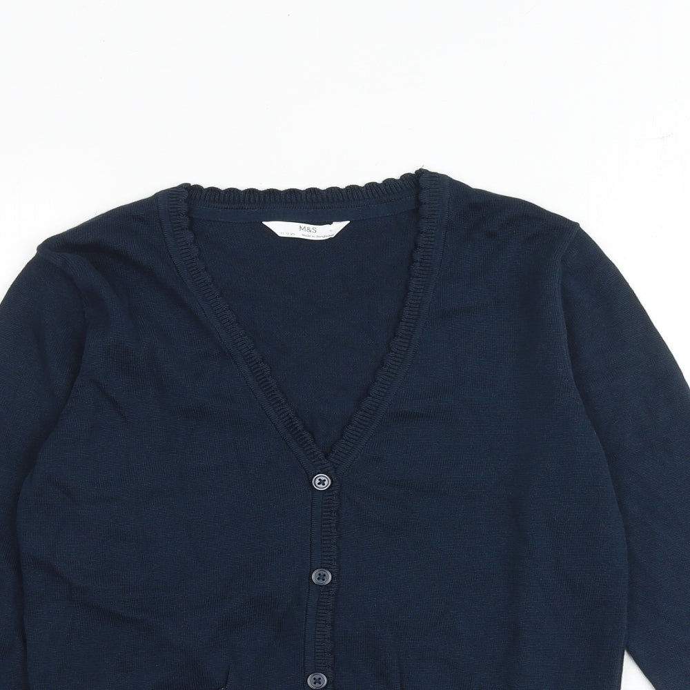 Marks and Spencer Girls Blue V-Neck 100% Cotton Cardigan Jumper Size 11-12 Years Button