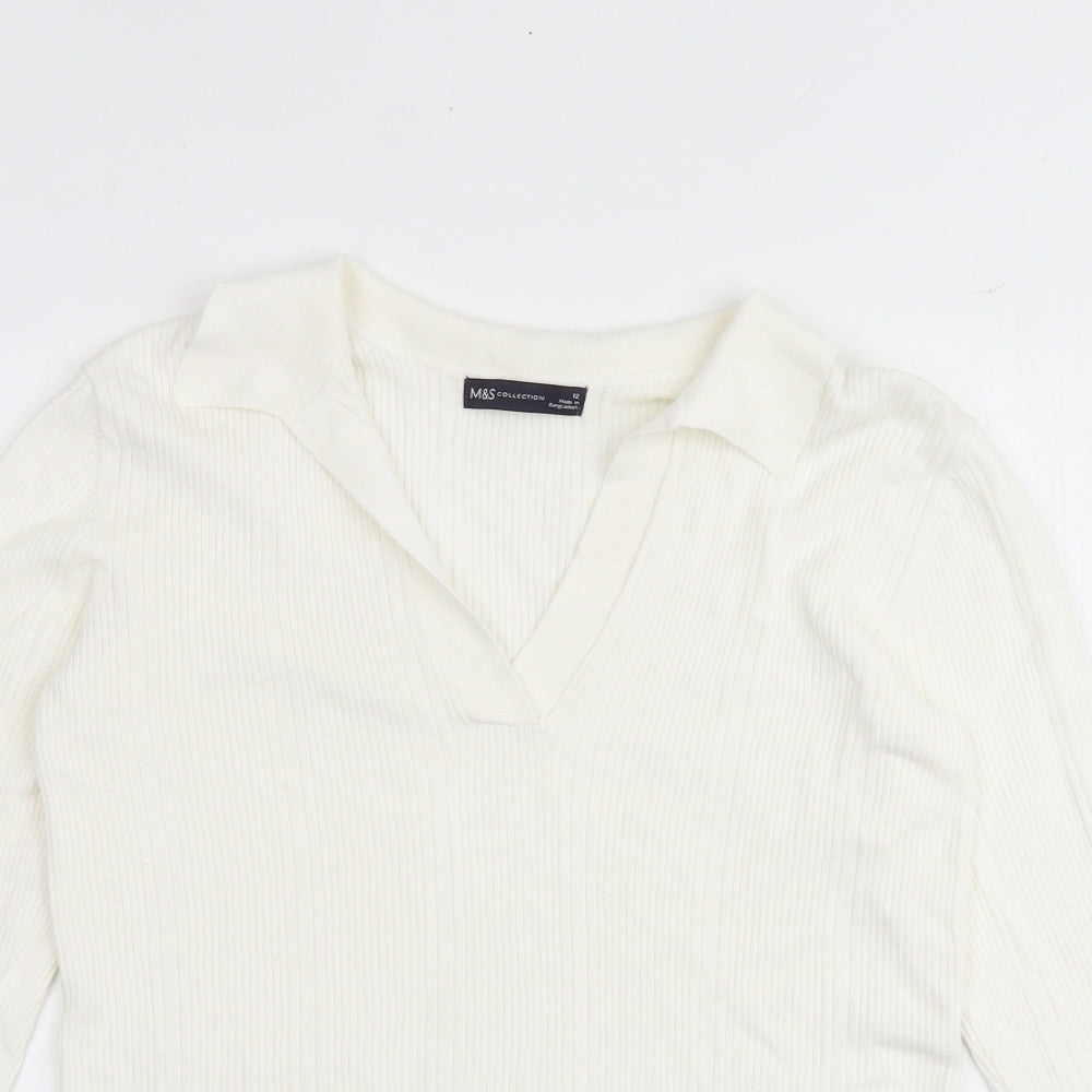 Marks and Spencer Womens White Collared Acrylic Pullover Jumper Size 12