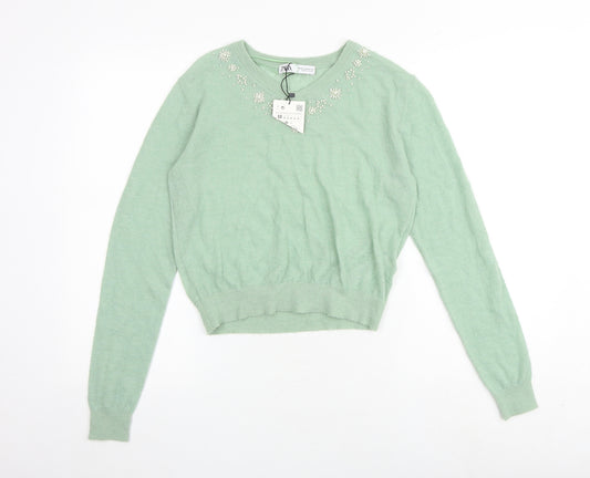 Zara Womens Green Round Neck Nylon Pullover Jumper Size M