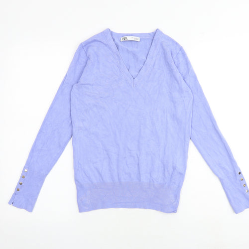 Zara Womens Blue V-Neck Viscose Pullover Jumper Size S