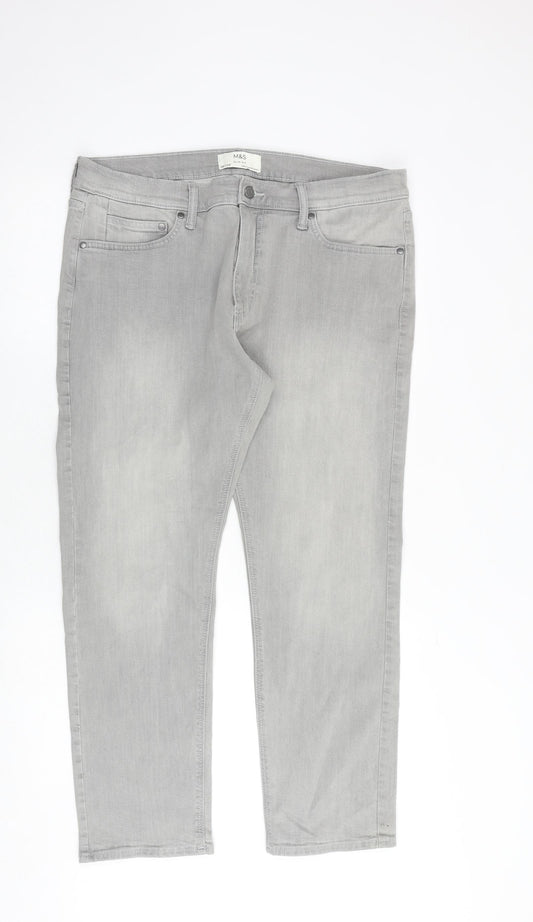 Marks and Spencer Mens Grey Cotton Straight Jeans Size 36 in L29 in Regular Zip