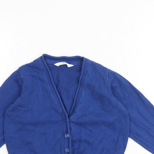 Marks and Spencer Girls Blue V-Neck 100% Cotton Cardigan Jumper Size 4-5 Years Button