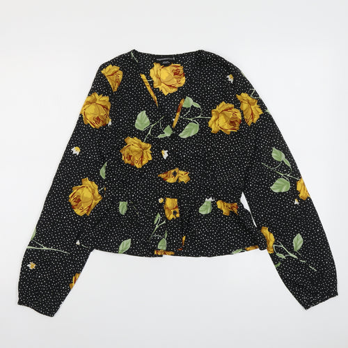Wednesday's Girl Womens Black Polka Dot Polyester Basic Button-Up Size XS V-Neck - Yellow Roses