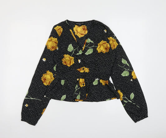 Wednesday's Girl Womens Black Polka Dot Polyester Basic Button-Up Size XS V-Neck - Yellow Roses
