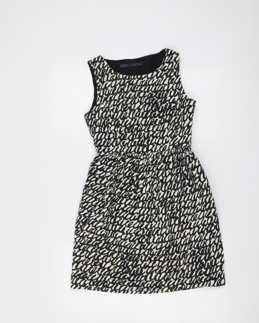 Zara Womens Black Geometric Cotton Shift Size XS Round Neck Zip